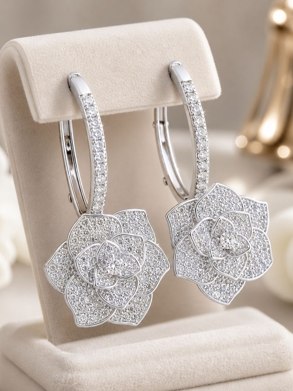 Silver Floral Pavé Drop Hoop Earrings - Picture 3 of 5